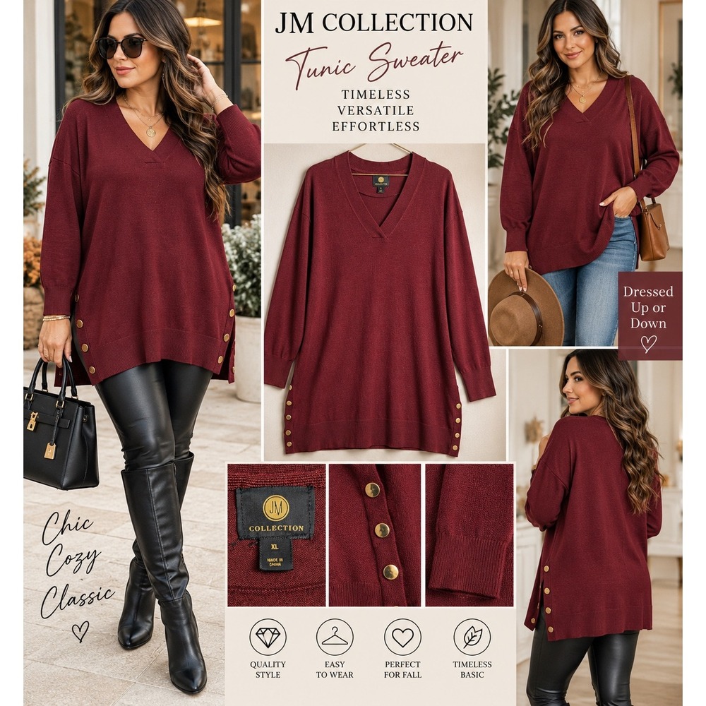 JM Collection Womens XL Burgundy V-Neck Tunic Sweater Gold Button Side Slits NEW